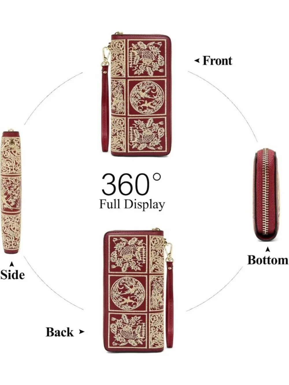 Stylish RFID Blocking Leather Wallet for Women - Embroidered Zip Wristlet Clutch